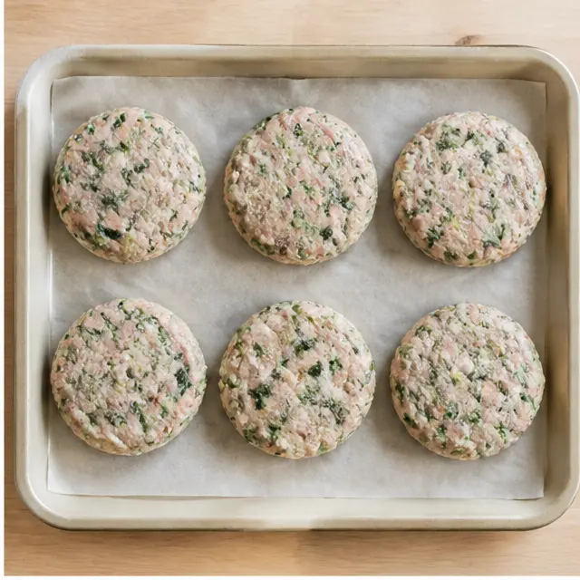 Shaping the mixture into six equal burger patties on a parchment-lined tray