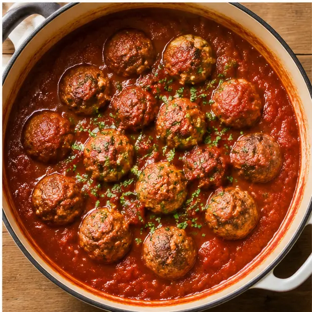Simmer the cooked meatballs in rich marinara sauce