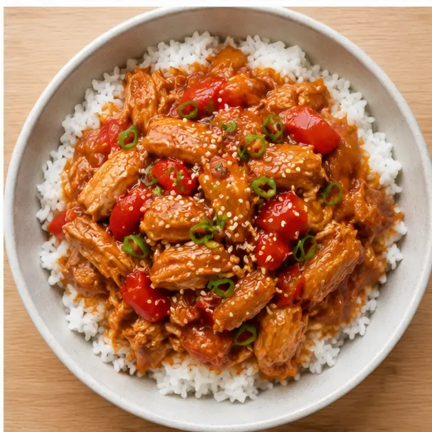 Serve over jasmine rice with green onions and sesame seeds