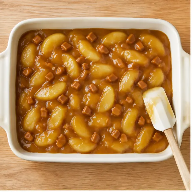 Step 1: Spread the apple pie filling into an even layer, then scatter small pieces of chewy caramel candies over the top.