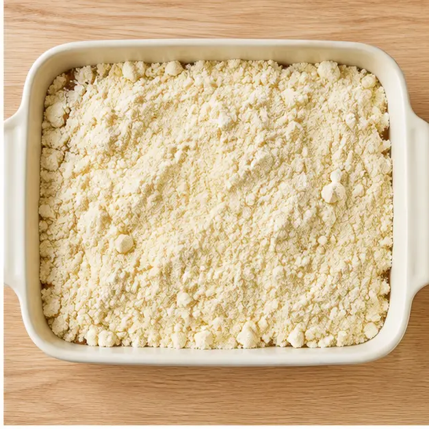 Step 2: Sprinkle the dry butter yellow cake mix evenly over the apples and caramel and smooth it flat with a spatula.