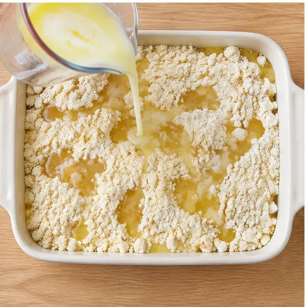 Step 3: Whisk melted salted butter with whole milk and drizzle it slowly over every dry spot of cake mix without stirring.