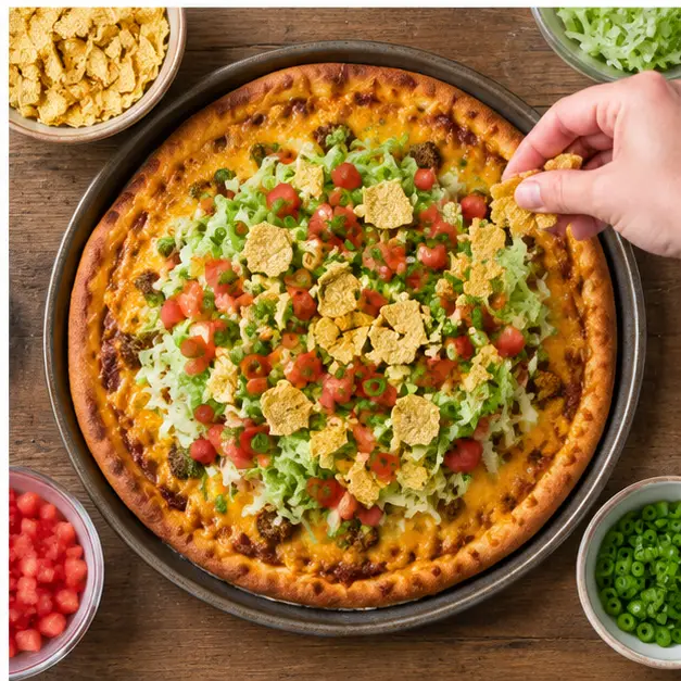 Step 4: adding fresh lettuce, tomato, green onions and crushed chips to the baked pizza