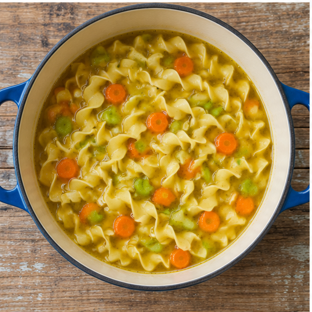 chicken stock and dried seasonings simmering with carrots and celery in a Dutch oven