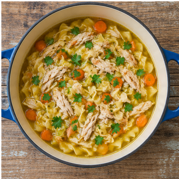 egg noodles and shredded chicken simmering in golden broth for rotisserie chicken noodle soup